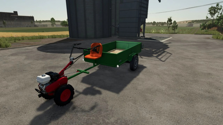 fs25-mods, Farming Simulator 25 mod featuring the Honda Rotary Hoe Tractor v1.0.0.0, a green trailer, and engine setup for farming tasks.