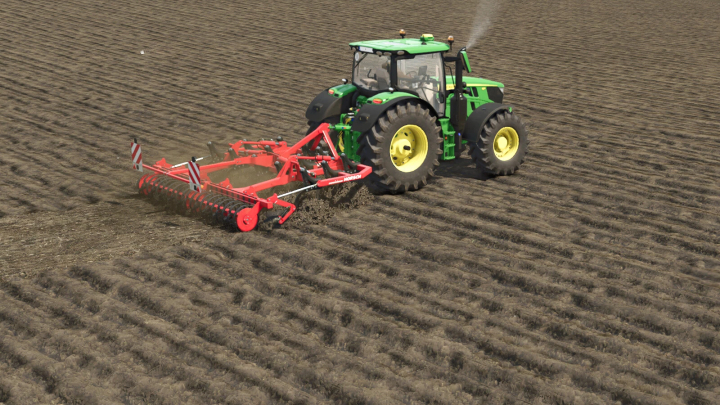 fs25-mods,  Farming Simulator 25 mod: Green tractor with a red Horsch Terrano 4 FX cultivator working on a field.