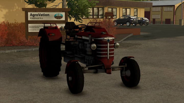 fs25-mods, Farming Simulator 25 mod: Huerlimann D110 tractor parked outside AgroVation Kněžmost.