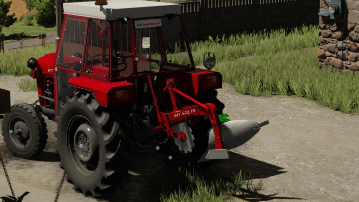 fs22-mods,  Farming Simulator 22 mod showcasing the IMT Plows Pack V1.0.0.0 with a red tractor equipped with plow attachments on a farm.