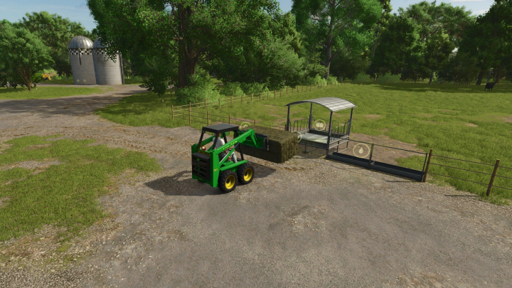 fs25-mods,  Farming Simulator 25 mod: JD90 Skid Steer Loader loading hay in a farmyard setting.