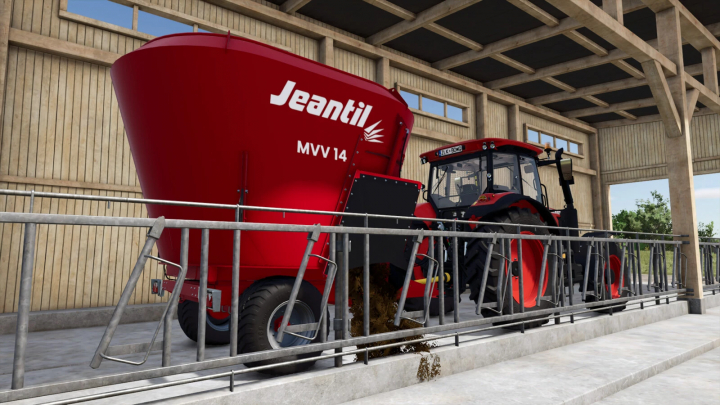 fs25-mods,  Farming Simulator 25 mod: tractor with Jeantil MVV14D fertilizer spreader inside a farm shed.