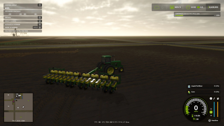 fs25-mods,  Farming Simulator 25 mod: John Deere 16r30 Planter on a field, showing a green tractor with a planter attachment, in-game interface visible.