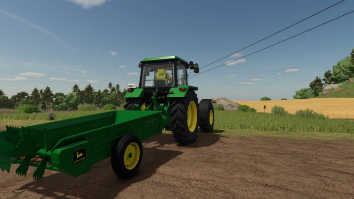 fs25-mods,  Farming Simulator 25 mod: John Deere tractor pulling a green fertilizer spreader on a farm field.