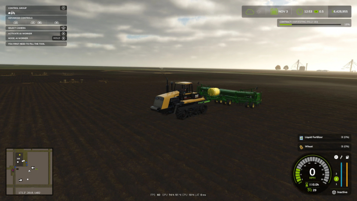 fs25-mods,  Farming Simulator 25 mod: John Deere 455 Drill with planting equipment on a field during harvesting.