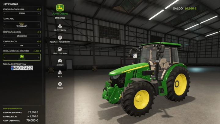 fs25-mods, John Deere 5M Series tractor mod in Farming Simulator 25 game, displayed with specifications and configuration in the garage.