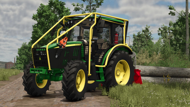 fs25-mods, Farming Simulator 25 mod featuring a John Deere 5M Series tractor with a safety cabin and logging attachment, set outdoors with trees and logs.