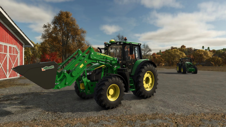 fs25-mods,  Farming Simulator 25 mod featuring a John Deere 6M tractor with front loader, set in a rural farm environment with autumn trees.