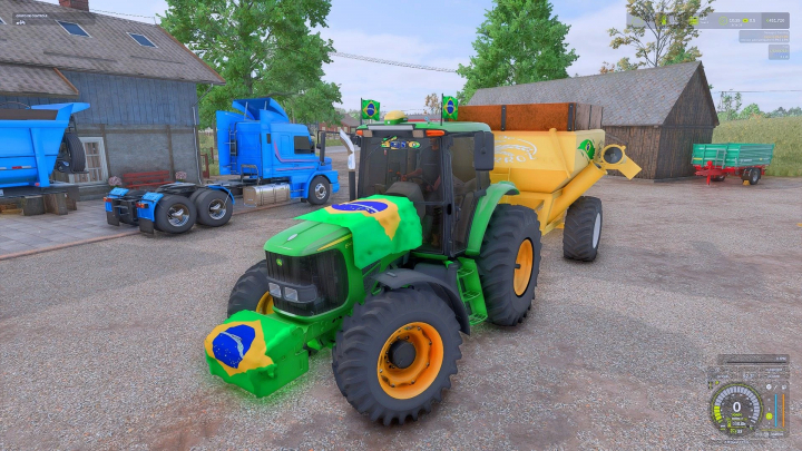 fs25-mods,  Farming Simulator 25 mods: John Deere 7515 tractor with Brazil flag decal, parked in a farmyard with other blue trucks and farming equipment.