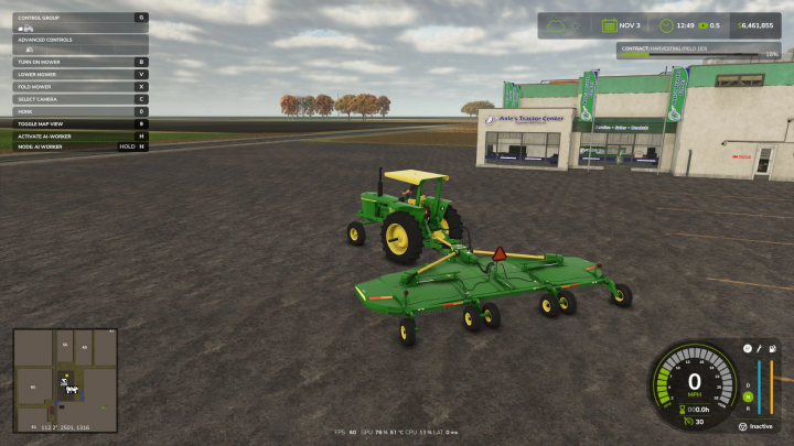 fs25-mods, Farming Simulator 25 mod image showing John Deere HX20 Mower attached to a green tractor, in front of Axle's Tractor Center, with game controls overlay.