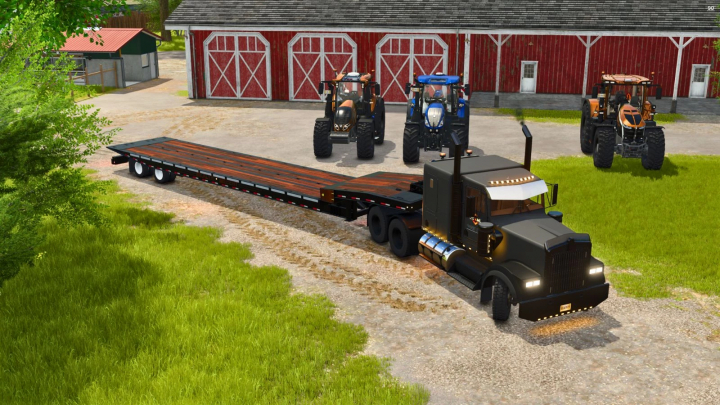 fs25-mods, Farming Simulator 25 mod featuring a black semi-truck with a long flatbed trailer, three tractors, and a red barn in the background.