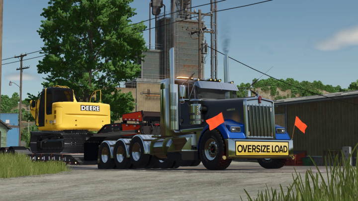 fs25-mods,  Farming Simulator 25 mod: oversized load Kenworth W900L truck transporting heavy machinery in a farm setting.