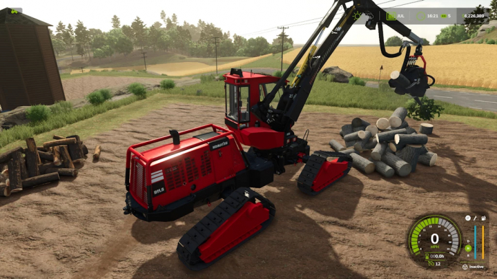 fs25-mods,  Farming Simulator 25 mod featuring Komatsu Harvester 911 1.2.0.0 with a wood-cutting attachment on a farm field.