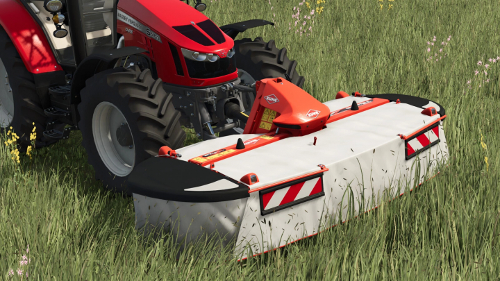 fs25-mods, Farming Simulator 25 mod: Red Massey Ferguson tractor with Kuhn GMD COMPACT F Pack mower attachment in a grassy field.