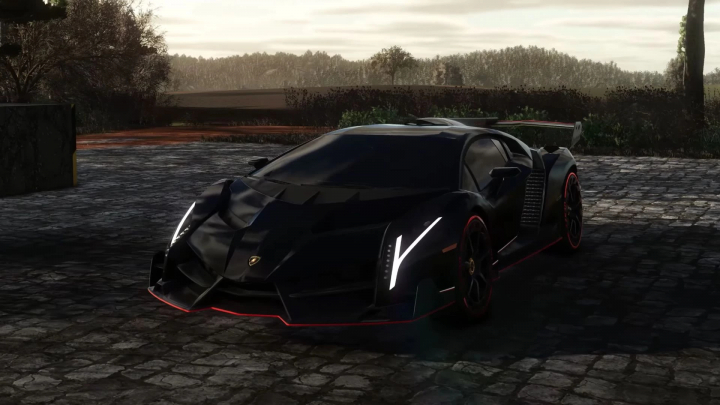 fs25-mods,  Farming Simulator 25 mod: Black Lamborghini Veneno with sleek design and custom lighting, showcased on cobblestone road in Farming Simulator 25.