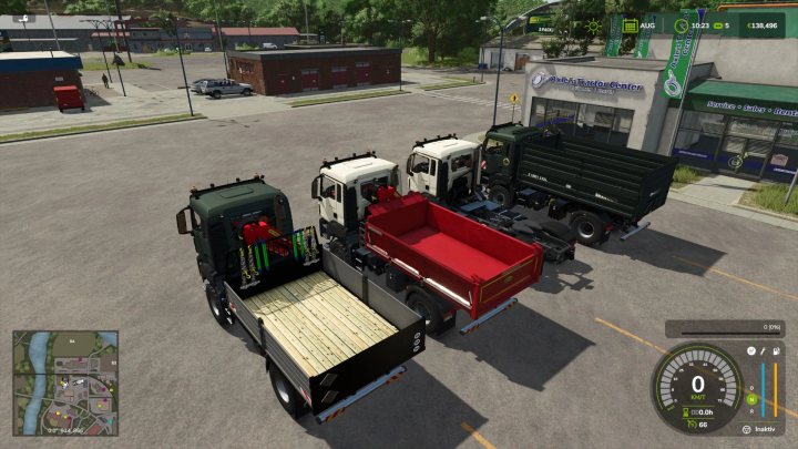 fs25-mods,  Farming Simulator 25 mods: Several trucks with different trailers parked outside Axle's Tractor Center in the game.