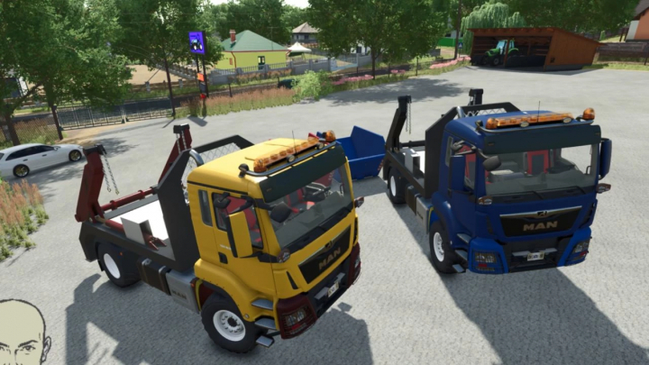 fs25-mods, Farming Simulator 25 mods: MAN TGS Skip Loader v1.1.0.0 trucks with skip loader attachments in a parking lot.