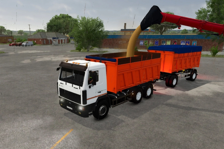 fs25-mods,  Farming Simulator 25 mod: MAZ-6501 B9 dump truck unloading grains with a conveyor system, in a parking lot on a rainy day.