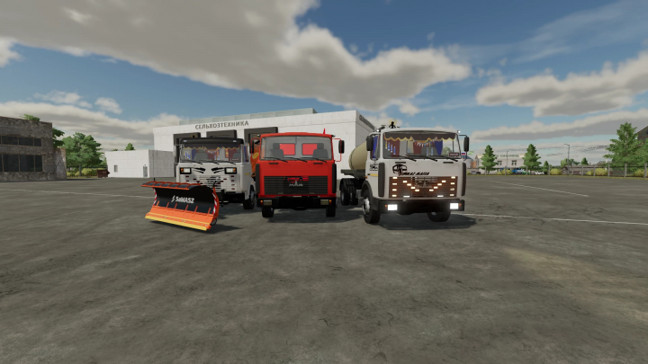 fs22-mods,  Three trucks and a snow plow in Farming Simulator 22, displaying mods for farming machinery including the MAZ 5337 mod v1.0.0.0.