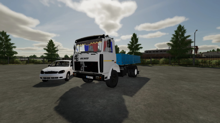 fs22-mods, Farming Simulator 22 mod featuring a MAZ 5337 truck next to a white car in a parking lot.