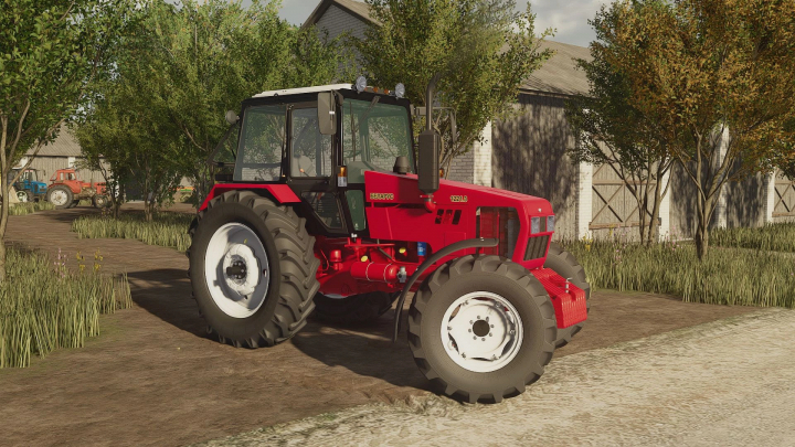 fs25-mods,  Red Belarus MTZ 1221.3 tractor mod from Farming Simulator 25, parked on a farm yard with trees and farm buildings in the background.