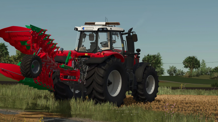 fs25-mods,  Farming Simulator 25 mod featuring a Massey Ferguson 7700 tractor with red plow attached, set in a rural field scene.