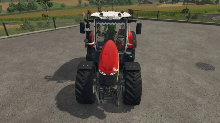 fs25-mods,  Farming Simulator 25 mod: Massey Ferguson 7S Edit v1.0.0.2 tractor with red and black design, viewed from the front in a farmyard.