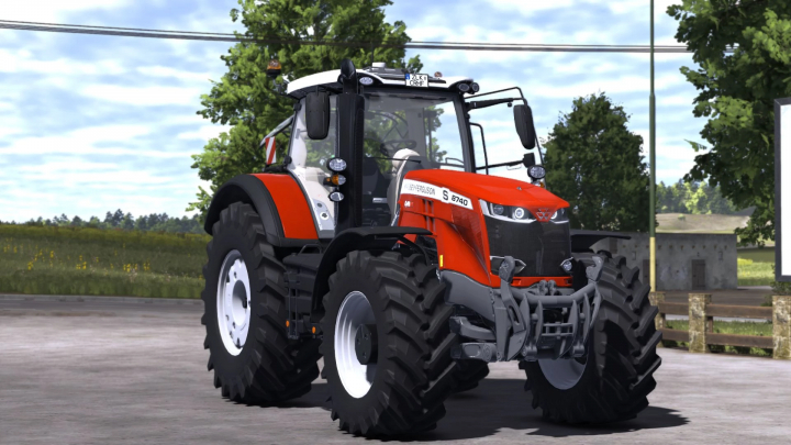 fs25-mods,  Farming Simulator 25 mod: Massey Ferguson 8700S tractor with large tires and detailed cab, showcased outdoors with trees and buildings in the background.