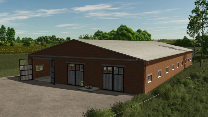 fs25-mods,  Modern Cow Barn v1.0.0.0 in Farming Simulator 25, a brick farm building with large metal doors and small windows, surrounded by grass and trees.