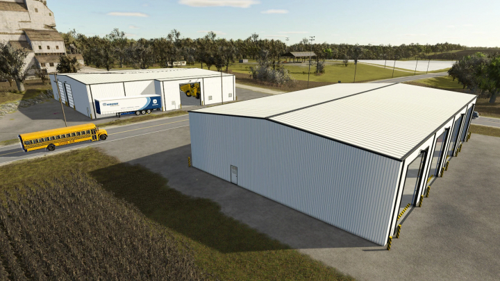 fs25-mods,  Farming Simulator 25 mod showing a modern agricultural shop building with large doors, a school bus passing by, and other farm structures.