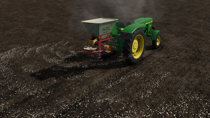 fs25-mods, Farming Simulator 25 mod featuring a Motyl N031M fertilizer spreader attached to a tractor on a cultivated field.