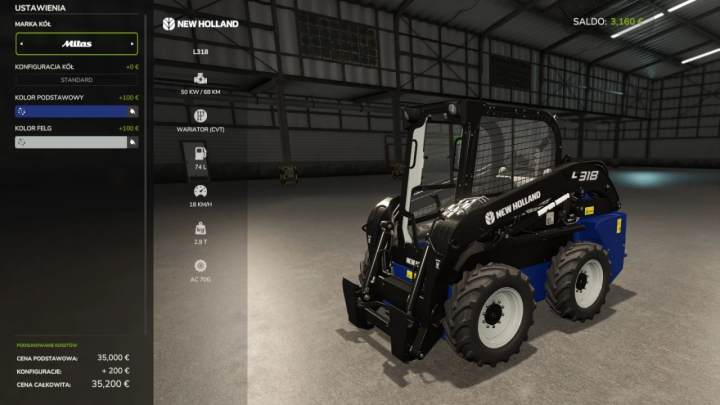 fs25-mods, Farming Simulator 25 mod: New Holland L318 compact loader in the game with customizable color options and specifications.