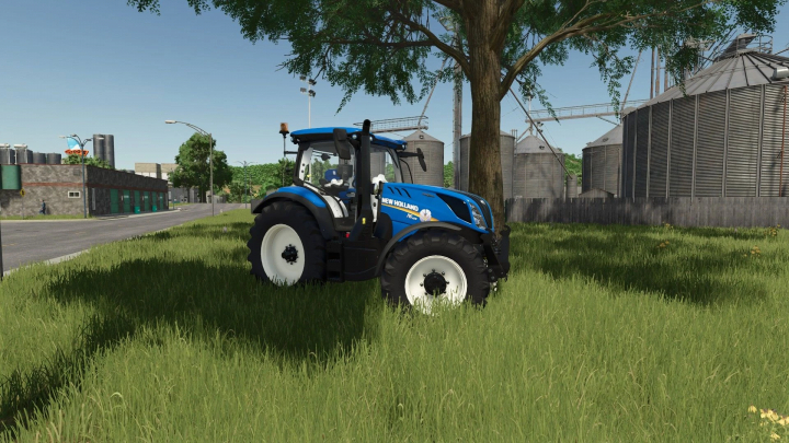 fs25-mods, Farming Simulator 25 mod: New Holland T6 v1.0.0.0 tractor parked on a grassy field near trees and silos.