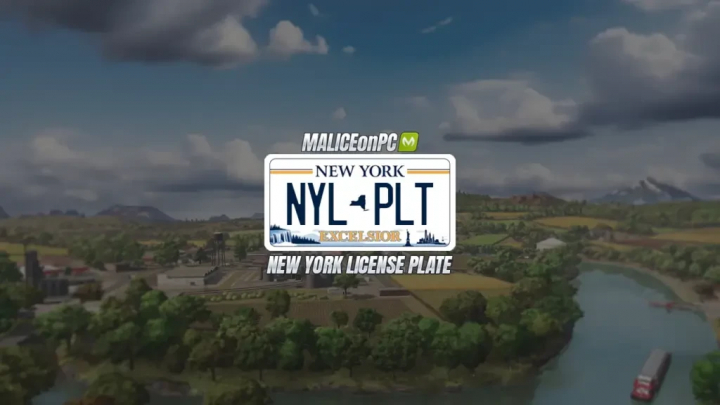 fs25-mods, Farming Simulator 25 mod showcasing the New York license plate mod, NYL PLT, with in-game rural scenery background.