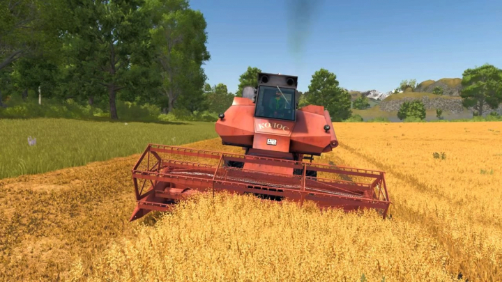 fs25-mods, Farming Simulator 25 mod featuring a red Niva SK-6 Kolos harvesting wheat in a field with trees and mountains in the background.