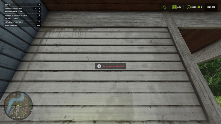 fs25-mods,  Farming Simulator 25 mod screen showing a wooden floor with a popup notification in French about sleep deactivation.