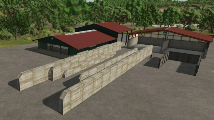 fs25-mods, Farming Simulator 25 mod scene showing warehouses with concrete walls and red metal roofs, part of the NoSnap Pack v1.0.0.0.