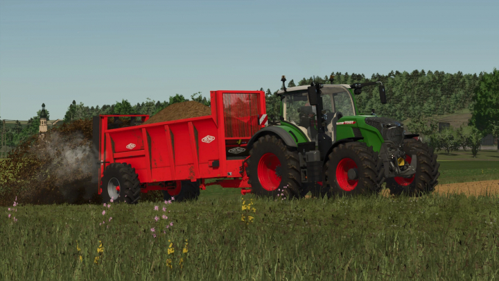 fs25-mods, Farming Simulator 25 mod featuring a green tractor pulling a red Orenge EV 120 v1.0.0.0 fertilizer spreader, during fieldwork.