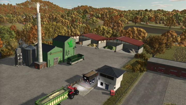 fs25-mods, Farming Simulator 25 mod showing the Pellet Production Factory - UCDV v1.0.0.0, featuring green buildings, storage silos, and farming equipment.