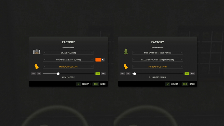 fs25-mods,  Farming Simulator 25 mod screenshot showing ProductionStorageControl options for silage, round bale, tree saplings, and pallet wood.
