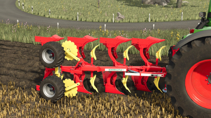 fs25-mods, Farming Simulator 25 mods: Pöttinger SERVO 25 Pack v1.0.0.0 plowing implement attached to a tractor in-game.