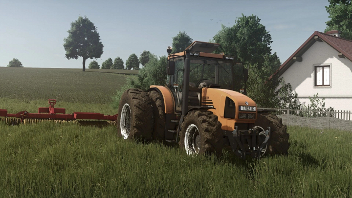 fs25-mods,  Farming Simulator 25 mod: Renault Ares 600 tractor with red plow on a grassy field near a house.