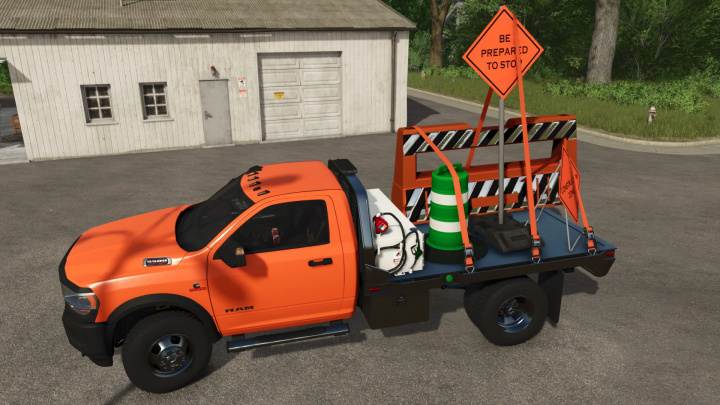 fs25-mods, Farming Simulator 25 mod: Road Safety Pack v1.0.0.0 with traffic safety signs and cones on a truck.