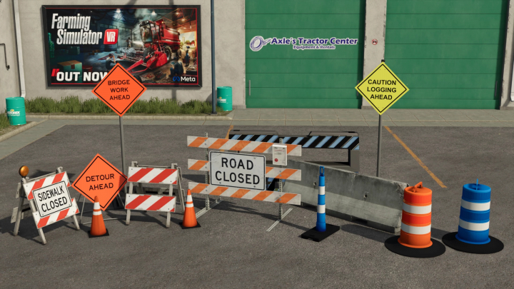 fs25-mods, Variety of roadwork and detour signs including 'Road Closed', 'Sidewalk Closed', 'Bridge Work Ahead', and 'Caution Logging Ahead' for Farming Simulator 25 mods.