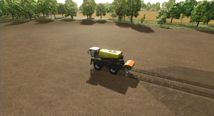 fs25-mods,  Farming Simulator 25 mod: WobbyTec SaddleTrac Liquid Shuttle Tanks all-rounder spraying fertilizer in a field.