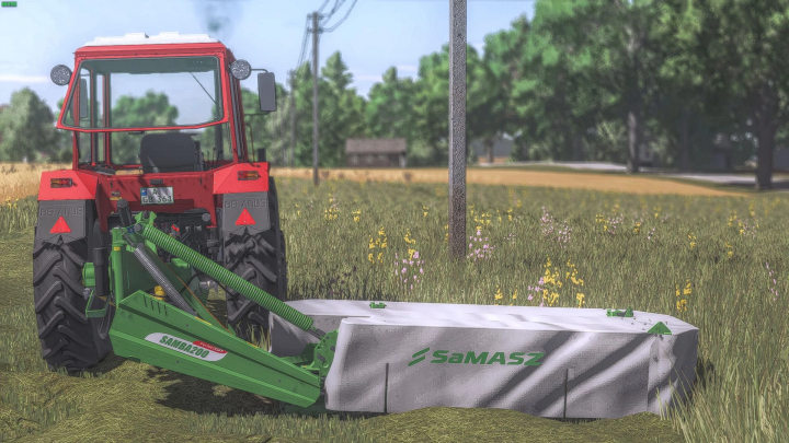 fs25-mods,  Farming Simulator 25 mod: Red tractor with a green Samasz Samba 200 mower attachment in a field.