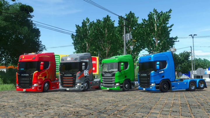 fs25-mods,  Four Scania trucks in red, gray, green, and blue with custom designs from Farming Simulator 25 mods, showcasing the Scania NTG South America v1.0.0.0.