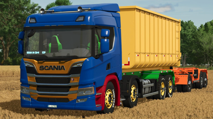 fs25-mods,  Farming Simulator 25 mod showcasing a colorful Scania P 320/540 IT Runner truck with a yellow trailer on a wheat field.