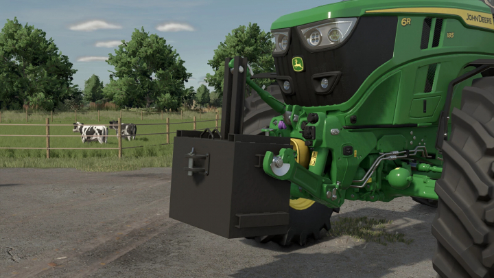fs25-mods, Farm Simulator 25 mod: John Deere 6R tractor with Selfmade Weight 850kg v1.0.0.0 attachment on a farm.