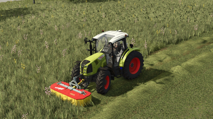 fs25-mods, Farming Simulator 25 mod: CLAAS F240 tractor with mower attachment in a grassy field.